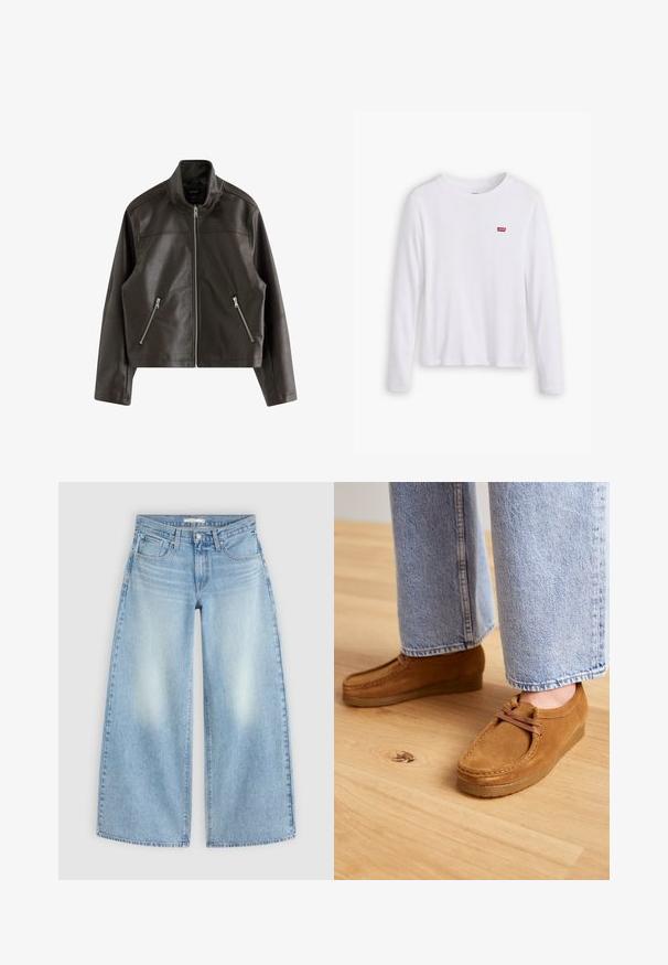 Sort læderjakke med frontlynlås og to diagonale lynlåslommer, med høj krave og lange ærmer.; Hvid langærmet skjorte lavet af blødt bomuld. Har et lille rødt Levi's logo på venstre bryst. Klassisk crew neck design.; Lyseblå højttaljede vidbenede jeans med forlommer, bæltestropper og falmede områder på lårene, lagt fladt på en lys baggrund.; Brune ruskindsko med en rund tå og tanfarvet gummisål, der har et simpelt snørebåndsdesign, parret med lyseblå denimbukser.