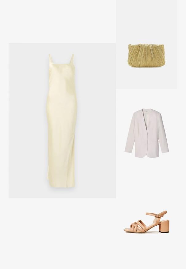 Lichtbeige damesblazer met een diepe V-hals, lange mouwen en twee voorzakken met bies, plat gelegd tegen een witte achtergrond.; Satijnen gele jurk met een rechte silhouet, spaghettibandjes en een zijsplit voor gemakkelijke beweging. Glad textuur en minimalistisch ontwerp.; Beige leren sandalen met hak en meerdere gekruiste banden, een vierkante neus en een blokhak. Verstelbare enkelband met een gespdetail.; Loeffler Randall BRIT PLEATED FLAT - Clutch - gold-coloured