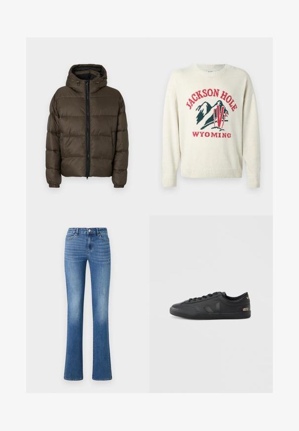 Braune, kapuzenlose Steppjacke mit gestepptem Design, Reißverschluss vorne und elastischen Bündchen. Weiches, isoliertes Material für Wärme.; Helle Cremefarbenes Sweatshirt mit grober Strickstruktur. Besitzt ein grafisches Design mit "JACKSON HOLE" und "WYOMING" in Rot und Grün. Runde Halslinie.; ONLY ONLWAUW MID WAIST - Jeans Slim Fit - medium blue denim; Schwarze Ledersneaker mit strukturierter Oberfläche, runder Zehenpartie, Schnürverschluss und dezentem Branding an der Seite und Ferse.