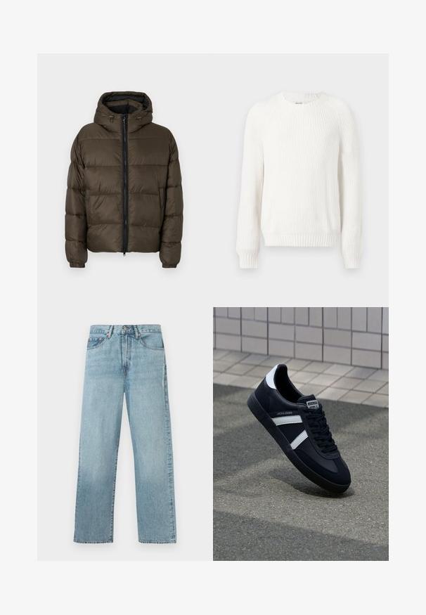 Brun hættepufjakke med kviltet design, lynlås foran og elastiske manchetter. Blødt, isoleret materiale til varme.; Hvid ribbet sweater med rund halsudskæring, sænkede skuldre og lange ærmer. Har struktureret stof og en lige kant.; Lyseblå denimjeans med lige ben, fem lomme-design og knaplukning i taljen.; Sort lædersneaker med hvide striber, tekstureret gummisål og snørrebånd foran. Har et brandet mærke på tungen.