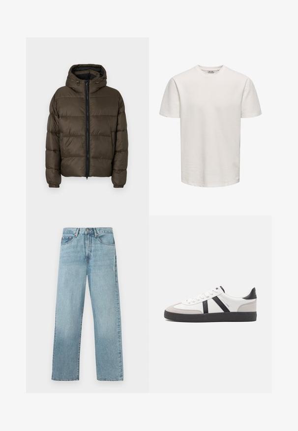Brun hættepufjakke med kviltet design, lynlås foran og elastiske manchetter. Blødt, isoleret materiale til varme.; Simpel hvid, kortærmet t-shirt med tekstur og rund hals, vist på en ensfarvet baggrund uden synlige logoer eller designs.; Lyseblå denimjeans med lige ben, fem lomme-design og knaplukning i taljen.; Hvide sneakers med sorte og grå detaljer, med en tekstureret grå tåhætte, sort gummisål og flade hvide snørebånd. Rent design, minimalistisk stil.