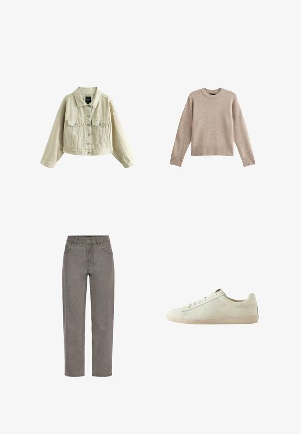 Beige cropped denimjakke med knaplukning foran, to brystlommer med knaplukning, sidelommer med slidser og en klassisk krave.; Beige strikket sweater med rund hals, ribbede manchetter og kant. Stofstrukturen er blød med et subtilt mønster. Afslappet pasform design.; Grå denim jeans med lige ben, knap- og lynlåslukning, for- og baglommer og bæltestropper.; Lavskaftet hvid lædersneakers med tekstureret overflade, snørelukning og en beige gummisål, vist fra siden på en hvid baggrund.
