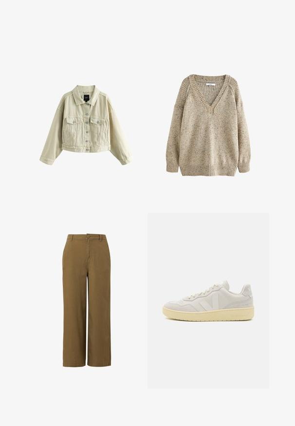 Chaqueta vaquera beige recortada con cierre de botones, dos bolsillos en el pecho con botones, bolsillos laterales con aberturas y un cuello clásico.; Suéter de punto beige moteado con escote en V, puños y dobladillo acanalados. Textura suave con un ajuste relajado y mangas raglán.; Pantalones de pierna ancha marrones, fabricados con una mezcla de algodón texturizado, que cuentan con un cierre frontal de botón y un diseño de cintura estándar.; Zapatilla gris claro con materiales de ante y cuero, que presenta una superficie texturizada, suela de goma y marcas blancas en el lado y la lengüeta.