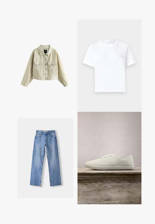 Beige cropped spijkerjack met knopen aan de voorkant, twee borstzakken met knopen, zijzakken met split en een klassieke kraag.; Effen witte katoenen T-shirt met korte mouwen, ronde hals en rechte zoom, getoond op een witte achtergrond.; Lichtblauwe denim jeans met een rechte pasvorm, voorzien van vijf zakken, een knoopsluiting aan de voorkant en subtiele vervaging voor textuur.; Witte canvas sneakers met een ronde neus, zes veterogen en een gestructureerde rubberen zool, zwevend boven een houten oppervlak met groene gras op de achtergrond.