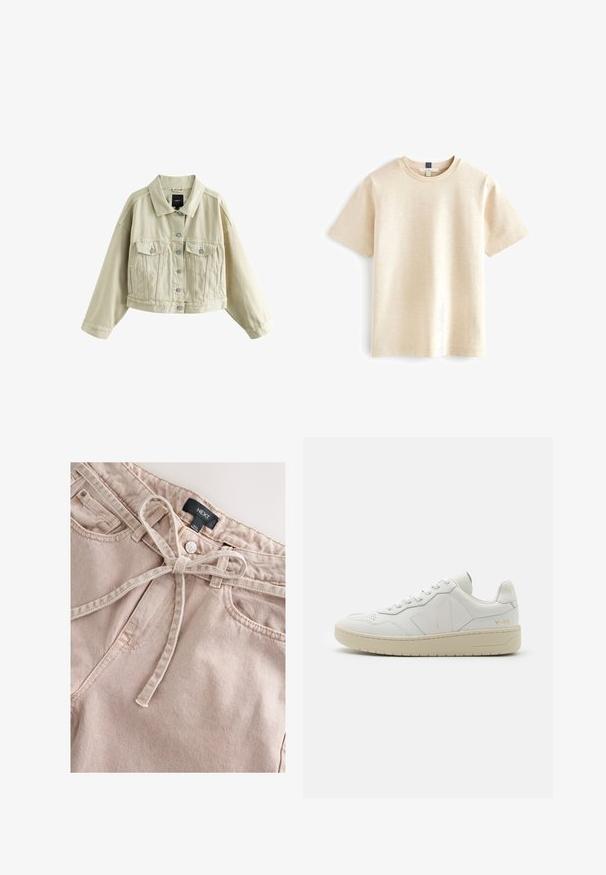 Beige cropped denimjakke med knaplukning foran, to brystlommer med knaplukning, sidelommer med slidser og en klassisk krave.; Beige kortærmet t-shirt med rund hals, lavet af blødt materiale med en diskret tekstur og en afslappet pasform. Ingen synlige logoer.; Lyserøde denimbukser med bindebånd i taljen, med frontknap, bæltestropper og to forlommer, der viser et tekstureret stof.; Hvide lædersneakers med perforeret tåboks, kontrasterende beige gummisål og logoer på siden og hælen. Minimalistisk design.