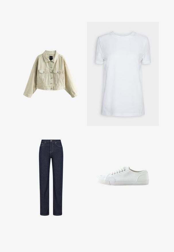 Beige cropped denimjakke med knaplukning foran, to brystlommer med knaplukning, sidelommer med slidser og en klassisk krave.; Simpel hvid T-shirt med korte ærmer og rund hals, normal pasform og et lille indvendigt mærke på nakken med teksten "SELECTED FEMME."; Mørkeblå jeans med lige ben, forlommer, bæltestropper og en knaplukning i taljen.; Hvid lavtop canvas-sneaker med snørebånd foran, gummisål og struktureret tåhætte, vist fra ydersiden mod en hvid baggrund.