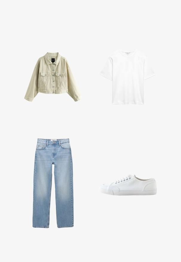 Beige cropped denimjakke med knaplukning foran, to brystlommer med knaplukning, sidelommer med slidser og en klassisk krave.; Simpel hvid kortærmet bomulds-T-shirt med rund hals, vist fladt mod hvid baggrund.; Lyseblå denimbukser med lige ben, fem-pockets stil og synlige syninger. Stofmaterialet har en blød, let falmet tekstur.; Hvid lavtop lærredsneaker med hvide snørebånd og gummisål, vist fra siden på en hvid baggrund.