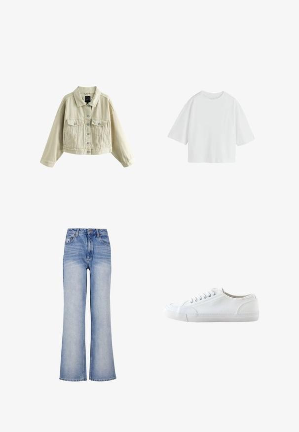 Veste en denim beige courte avec fermeture boutonnée devant, deux poches poitrine à boutons, poches latérales fendues et col classique.; T-shirt écru oversize à manches courtes, col rond et coupe ample.; Un jean large en denim bleu clair présente une taille haute, une fermeture à bouton, un léger délavé et un design classique à cinq poches.; Baskets basses blanches en toile avec lacets blancs et semelle en caoutchouc, vues de côté sur fond blanc.