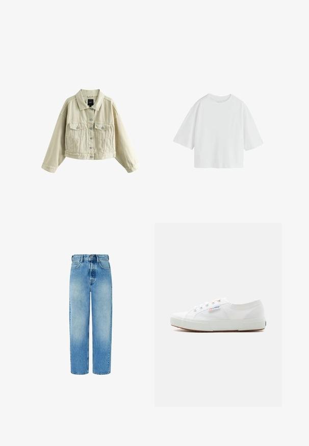 Chaqueta vaquera beige recortada con cierre de botones, dos bolsillos en el pecho con botones, bolsillos laterales con aberturas y un cuello clásico.; Camiseta blanca lisa de manga corta oversize con cuello redondo y ajuste holgado.; Jeans de mezclilla de color azul claro con un diseño de pierna recta, cintura alta, bolsillos frontales y cierre de botón. Presentan un ligero decolorado y sin adornos.; Zapatilla blanca de lona de caña baja con suela de goma blanca, cordones y el logo "Superga" en el lateral.