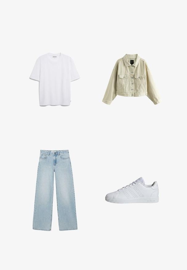 Beige cropped Jeansjacke mit Knopfleiste vorne, zwei Brusttaschen mit Knöpfen, seitlichen Einschubtaschen und klassischem Kragen.; Weißes Baumwoll-T-Shirt mit kurzen Ärmeln, runder Halslinie und lockerer Passform. Keine sichtbaren Muster oder Logos. Glatte Textur.; Hellblaue Jeans mit weitem Bein, vorderen und hinteren Taschen, Knopf- und Reißverschluss sowie dezenten Strassverzierungen.; Weißer Adidas Sneaker mit niedrigem Schaft, Schnürsenkeln, perforierten Streifen an der Seite und einer strukturierten Gummisohle.