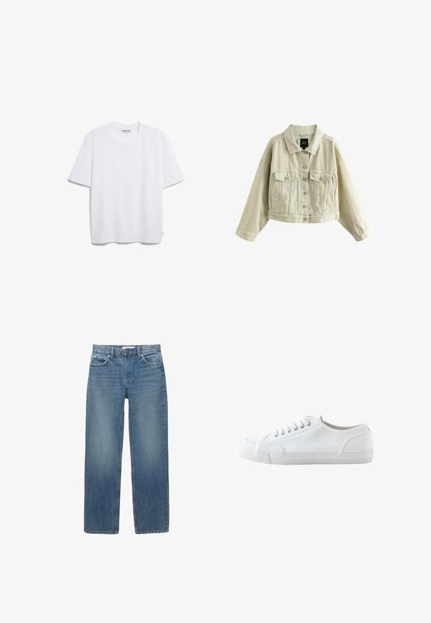 Beige cropped denimjakke med knaplukning foran, to brystlommer med knaplukning, sidelommer med slidser og en klassisk krave.; Hvid bomulds t-shirt med korte ærmer, rund halsudskæring og en afslappet pasform. Ingen synlige mønstre eller logoer. Glat tekstur.; Lysblå denimjeans med lige snit, fem lommer og hardware i kobberfarve. Stoffet har en let falmning og en glat tekstur.; Hvid lavtop lærredsneaker med hvide snørebånd og gummisål, vist fra siden på en hvid baggrund.