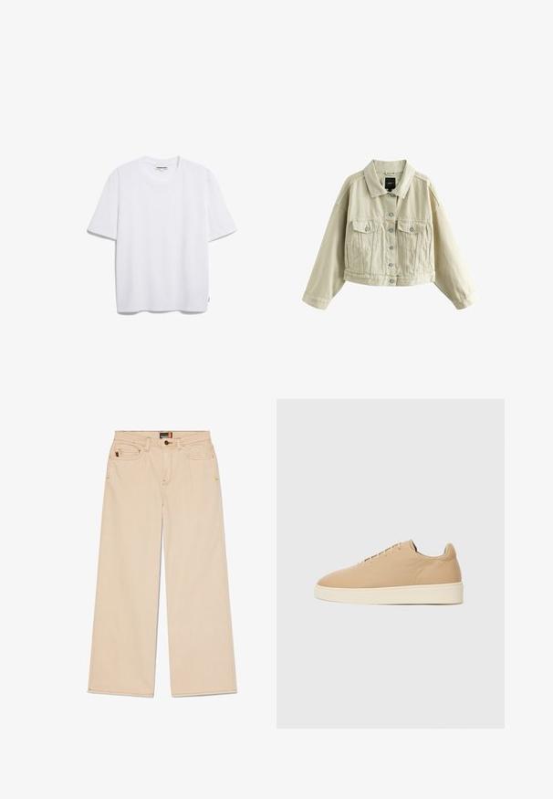Beige cropped Jeansjacke mit Knopfleiste vorne, zwei Brusttaschen mit Knöpfen, seitlichen Einschubtaschen und klassischem Kragen.; Weißes Baumwoll-T-Shirt mit kurzen Ärmeln, runder Halslinie und lockerer Passform. Keine sichtbaren Muster oder Logos. Glatte Textur.; Beige Hosen mit weitem Bein aus strapazierfähigem Stoff, mit zwei Fronttaschen, einem Knopfverschluss und kontrastierenden Nähten entlang der Nähte.; Beige Sneaker mit glatter Textur, runder Zehenpartie und minimalistischem Design. Verfügt über eine cremefarbene Sohle und sechs Ösen für die Schnürsenkel.
