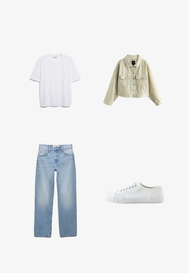 Beige cropped Jeansjacke mit Knopfleiste vorne, zwei Brusttaschen mit Knöpfen, seitlichen Einschubtaschen und klassischem Kragen.; Weißes Baumwoll-T-Shirt mit kurzen Ärmeln, runder Halslinie und lockerer Passform. Keine sichtbaren Muster oder Logos. Glatte Textur.; Helle blaue Jeans aus Denim mit geradem Bein, Fünf-Taschen-Stil und sichtbaren Nähdetails. Der Stoff hat eine weiche, leicht ausgewaschene Textur.; Weißer niedriger Canvas-Sneaker mit weißen Schnürsenkeln und Gummisohle, von der Seite auf weißem Hintergrund dargestellt.