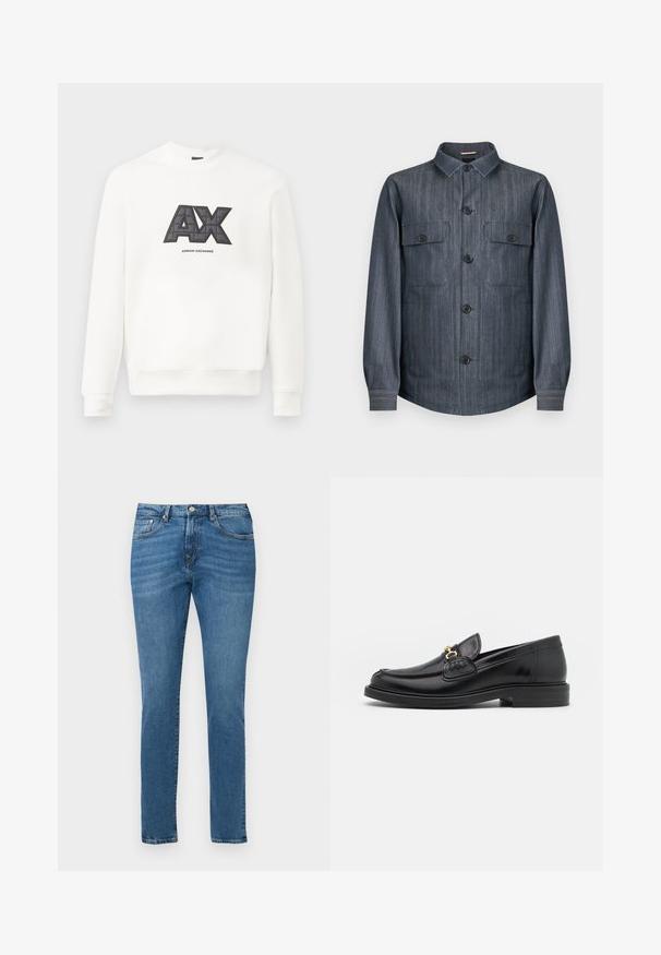 Donkergrijs overhemdjack met lange mouwen, twee klepzakken aan de voorkant, zwarte knopen en een puntkraag.; Witte sweatshirt gemaakt van zachte stof. Kenmerkt een opvallend zwart en grijs "AX"-logo met een gequiltde textuur en de tekst "ARMANI EXCHANGE" eronder.; Blauwe denim jeans met een rechte snit, voorzien van een klassieke vijfzakkenontwerp, lichte vervaging en een metalen knoopsluiting aan de tailleband.; Zwarte leren instappers met een ronde neus, voorzien van een gouden hardware accent en stikdetails, geplaatst op een lage, getextureerde rubberen zool.