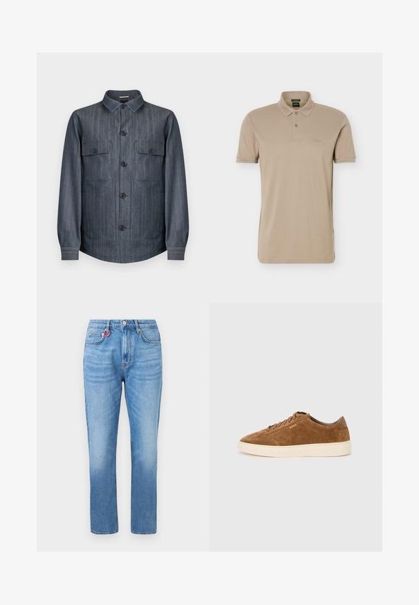 Veste-chemise boutonnée à manches longues de couleur gris foncé, avec deux poches avant à rabat, boutons noirs et col pointu.; Polo beige à manches courtes avec deux boutons et un petit logo embossé sur la poitrine gauche.; Jean droit bleu clair à taille haute, avec poches avant, fermeture à boutons, et un petit anneau rouge sur la boucle de ceinture avant droite.; Baskets en daim marron avec bout rond, semelle en caoutchouc crème et lacets ton sur ton. Présentent un logo en relief sur le côté et un panneau arrière lisse.