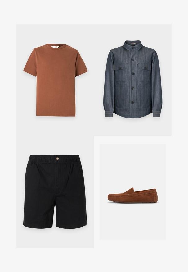 Langærmet mørkegrå skjortejakke med to forlommer med klap, sorte knapper og spids krave.; Brun kortærmet t-shirt med rund hals lavet af blød bomuld, med et enkelt design uden synlige mønstre eller dekorationer.; Sorte bomuldsshorts med elastisk talje og enkelt knaplukning foran, med et lige snit og længde til midt på låret.; Brun mokkasinsko til herrer i ruskind med gummisål og mokkasinstil syninger, set fra siden mod en hvid baggrund.