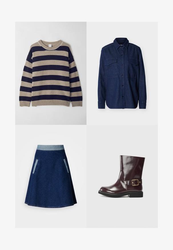 Dunkelblaues Denim-Hemd mit langen Ärmeln, Knopfleiste vorne, spitzem Kragen und zwei Brusttaschen mit Klappe auf einfarbigem Hintergrund.; Gestreifter Pullover in Beige und Marineblau, aus weichem Material gefertigt. Verfügt über einen Rundhalsausschnitt, überschnittene Schultern sowie Rippbündchen und -saum.; Dunkelblauer Denim-Rock in A-Linie mit einem helleren Denim-Bund und zwei seitlichen Taschen. Verfügt über einen abgesteppten Saum und eine glatte Textur.; Burgunderfarbene Lederstiefelette mit glänzender Oberfläche, seitlichem Schnallen-Detail und niedrigem, robustem schwarzen Absatz. Glatte Textur.