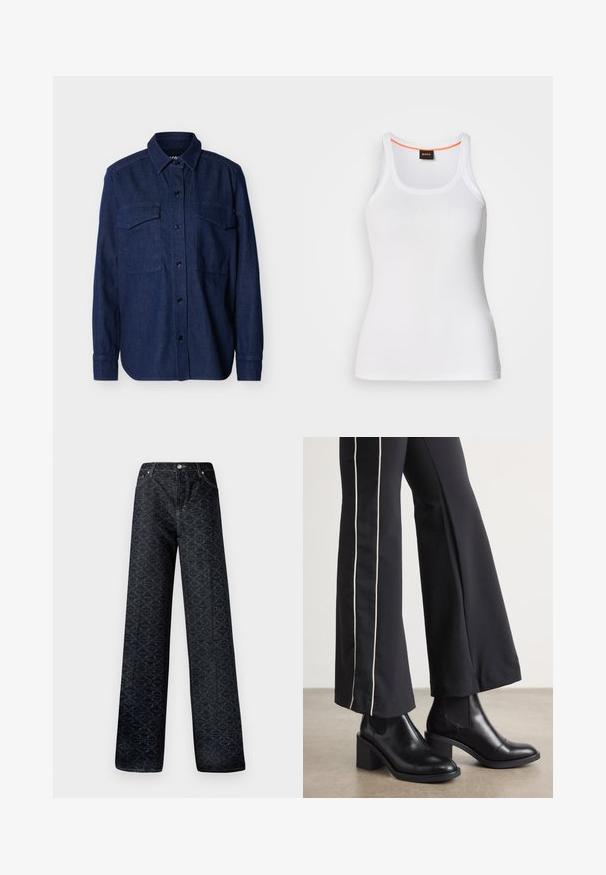 Dunkelblaues Denim-Hemd mit langen Ärmeln, Knopfleiste vorne, spitzem Kragen und zwei Brusttaschen mit Klappe auf einfarbigem Hintergrund.; Weißes, geripptes Tanktop mit rundem Ausschnitt, das ein schmales Trägerdesign und einen orangefarbenen Akzent entlang des inneren Ausschnitts aufweist. Markenlogo sichtbar.; Dunkelblaue, weite Jeans mit geometrischem Muster, aus Denim gefertigt. Mit Metallknopf, Reißverschluss und Kettelung der vorderen Taschen.; Schwarze Lederstiefeletten mit einem Blockabsatz, ausgestattet mit elastischen seitlichen Einsätzen. Kombiniert mit schwarzen Hosen, die einen weißen Seitenstreifen haben.