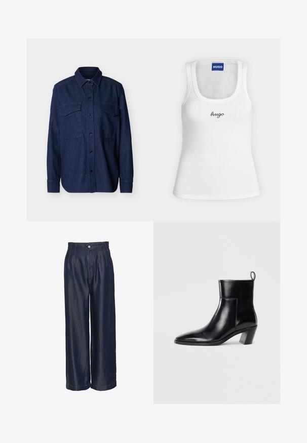 Donkerblauw denim hemd met lange mouwen, knoopsluiting, een puntige kraag en twee borstzakken met klep, tegen een effen achtergrond.; Wit mouwloos tanktopje met ronde hals, "hugo" in zwarte letters geborduurd op het midden van de borst, en een blauw HUGO-label binnenin de kraag.; Navyblauwe denim broeken met wijde pijpen en een hoge taille, met voorplooien en gouden stikselaccenten, een gladde textuur en een knoopsluiting.; Zwarte leren enkelboot met een spitse neus, een geometrische gestapelde hak en een trekband aan de achterkant. Gladde textuur en slank ontwerp.