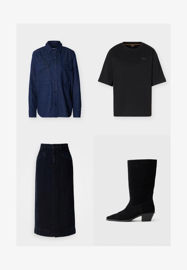Dunkelblaues Denim-Hemd mit langen Ärmeln, Knopfleiste vorne, spitzem Kragen und zwei Brusttaschen mit Klappe auf einfarbigem Hintergrund.; Schwarzes T-Shirt mit kurzem Arm und Rundhalsausschnitt, mit dezentem BOSS-Logo auf der linken Brust und orangenem Detail im Inneren des Halsausschnitts.; Dunkelblaue Denim-Midikleid mit hoher Taille, vorderem Knopfverschluss und seitlichen Taschen; hat einen geraden Schnitt und dezente Saumdetails.; Schwarze Wildleder Stiefelette mit spitzer Zehe, mittelhohem Schaft und einem chunky Absatz. Verfügt über minimale Nähte und eine glatte Textur.