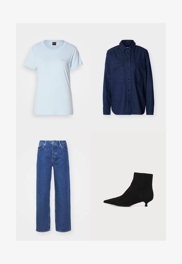 Donkerblauw denim hemd met lange mouwen, knoopsluiting, een puntige kraag en twee borstzakken met klep, tegen een effen achtergrond.; Lichtblauw katoenen t-shirt met korte mouwen, ronde hals en een klein geborduurd logo op de linker borst. Glad textuur.; Blauwe denim wijde benen jeans met een hoge taille, voorzien van een rits en knoopsluiting, riemlussen en subtiele vervagingdetails op de stof.; Zwarte suède enkellaars met spitse neus en lage kittenhak tegen een effen lichte achtergrond.