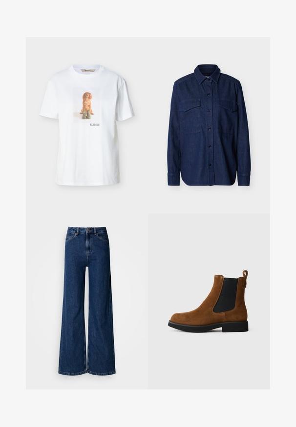Chemise en denim bleu foncé à manches longues, boutonnée avec col pointu et deux poches à rabat sur la poitrine, sur un fond uni.; T-shirt blanc avec une impression centrée d'un chien marron assis derrière deux bottes vertes et le texte "BARBOUR" en dessous.; Jean large à lavage foncé en denim, doté d'une taille haute, d'un design classique à cinq poches et de détails de couture subtils le long des coutures.; Bottines Chelsea en suède marron avec des panneaux latéraux élastiques, bout rond et semelle en caoutchouc noir texturé. Dispose d'une languette à l'arrière.