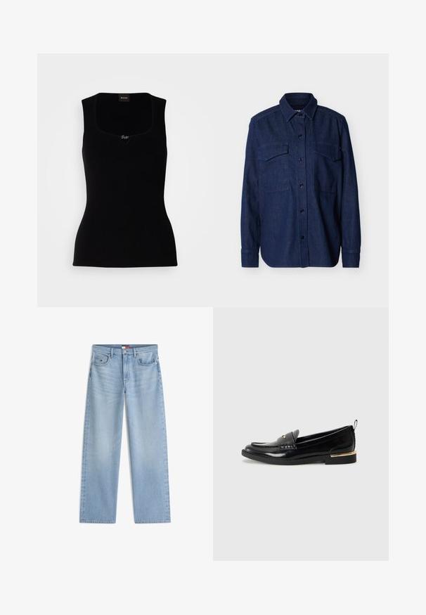 Camisa de mezclilla azul oscuro de manga larga con botones, cuello puntiagudo y dos bolsillos con solapa en el pecho, sobre un fondo liso.; Top de tirantes negro acanalado con escote cuadrado, que presenta un pequeño logotipo en el centro. Confeccionado en un material suave y texturizado.; Vaqueros vaqueros de pierna recta de color azul claro con bolsillos delanteros, trabillas para cinturón y cierre de botón y cremallera.; Mocasines de charol negro con punta redonda, una correa decorativa y un acento dorado en el talón. Textura suave con detalles cosidos.