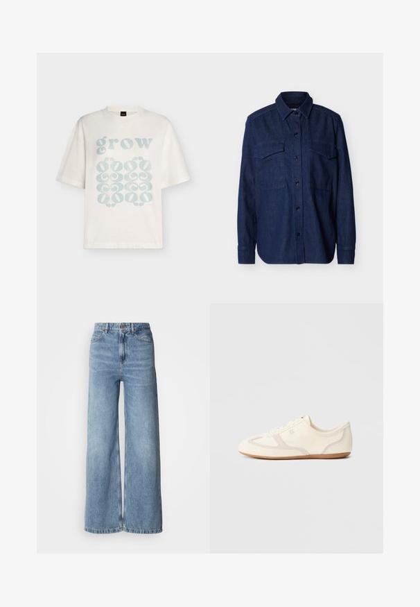 Chemise en denim bleu foncé à manches longues, boutonnée avec col pointu et deux poches à rabat sur la poitrine, sur un fond uni.; T-shirt blanc à manches courtes avec texte bleu clair « grow » et motifs décoratifs abstraits en bas sur le devant.; Jean large bleu clair en denim, avec une taille haute, un design à cinq poches et des ourlets bruts. Texture lisse avec une finition délavée.; Baskets couleur crème avec une tige en daim et tissu, un bout arrondi, et une semelle en caoutchouc avec un détail accent beige. Fermeture à lacets.
