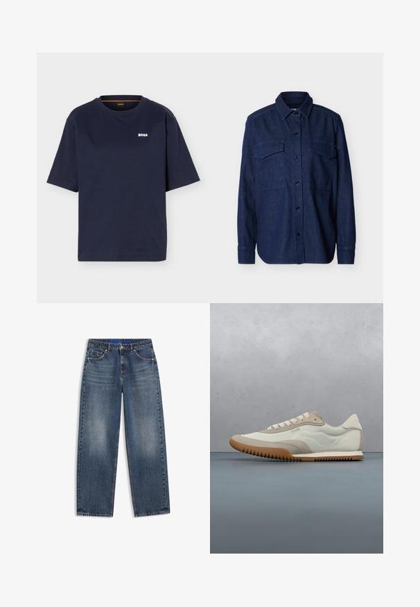 Chemise en denim bleu foncé à manches longues, boutonnée avec col pointu et deux poches à rabat sur la poitrine, sur un fond uni.; T-shirt bleu marine à manches courtes avec col rond et petit logo blanc "BOSS" sur la poitrine gauche.; Jean en denim bleu coupe droite, poches avant, passants de ceinture et légère décoloration sur les cuisses et les genoux sur fond blanc.; Sneakers blancs et beiges avec une tige lisse et des accents en daim, une semelle texturée et des coutures ton sur ton. Fermeture à lacets avec détail de logo.