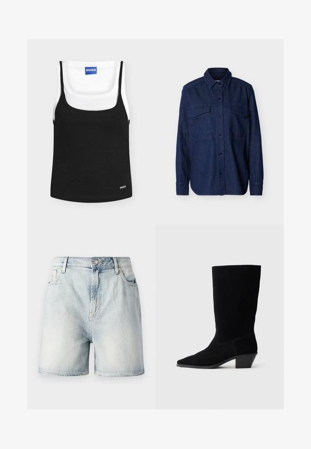 Chemise en denim bleu foncé à manches longues, boutonnée avec col pointu et deux poches à rabat sur la poitrine, sur un fond uni.; Deux débardeurs côtelés, l'un noir superposé à un blanc, tous deux avec un col rond et une petite étiquette de marque "HUGO".; Shorts en denim bleu clair avec fermeture par bouton, cinq poches et une texture délavée. Coupe droite au design classique.; Bottine en daim noir avec un bout pointu, tige de hauteur moyenne et un talon épais. Présente des coutures minimales et une texture lisse.