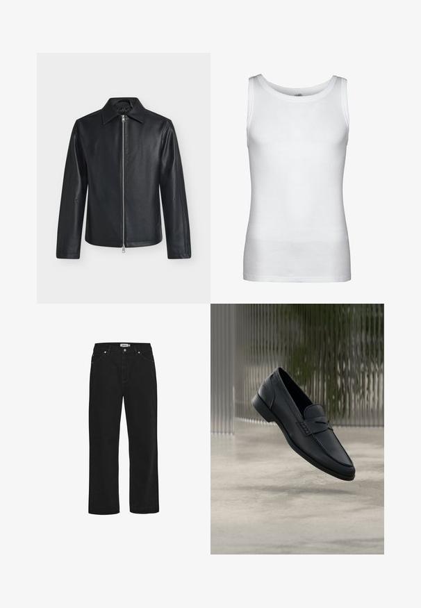 Chaqueta de cuero negra con cremallera frontal plateada, mangas largas y cuello puntiagudo sobre un fondo claro y liso.; Camiseta sin mangas blanca acanalada con escote redondo y dobladillo recto, mostrada sobre un fondo liso.; Vaqueros de mezclilla negra con corte recto, diseño de cinco bolsillos, detalles en hardware de cobre y una cinta de cintura resistente. Textura suave, estilo sin adornos.; Zapato tipo mocasín de cuero negro con acabado liso, punta puntiaguda y detalles cosidos en la pala. Tacón bajo y diseño minimalista.