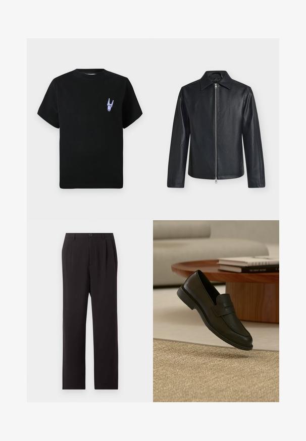 Chaqueta de cuero negra con cremallera frontal plateada, mangas largas y cuello puntiagudo sobre un fondo claro y liso.; Camiseta de algodón negra con mangas cortas, que presenta un pequeño gráfico morado en la parte izquierda del pecho. Diseño sencillo y rectangular.; Pantalones negros de talle alto confeccionados a medida con pliegues, cierre de botones, trabillas para cinturón y piernas rectas sobre un fondo claro y liso.; Zapato mocasín de cuero negro mostrado en el aire sobre una alfombra beige tejida, con una mesa de madera y libros apilados en una sala de estar con luz suave.