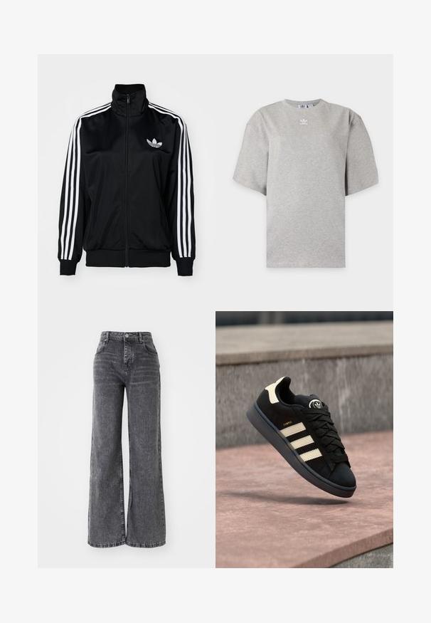 Veste zippée noire à col haut, avec des accents de trois bandes blanches sur les manches et un logo brodé sur la poitrine. Tissu lisse et sportif.; T-shirt Adidas gris clair à manches courtes avec col rond et petit logo Adidas blanc sur la poitrine, présenté sur un fond simple.; Pantalon en denim gris à jambes larges avec une taille haute, doté d'un style à cinq poches traditionnel et d'une finition légèrement délavée.; Baskets en daim noir avec trois bandes beiges, logo rond sur la languette, lacets plats et semelle rembourrée, étiquetées "CAMPUS."
