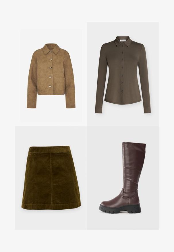 Envii TUCSON JACKET - Let jakke / Sommerjakker - camel; Langærmet mørke olivengrøn skjorte med knapper, spids krave og figursyet talje, vist på en ensfarvet lys baggrund.; Brun kordfløjl mini skirt med lodrette ribber, lige snit og en ren kant. Har en simpel talje uden udsmykninger.; Brune læderknæhøje støvler med en glat finish, tykk sort gummisål og minimal sømdetalje langs topkanten.