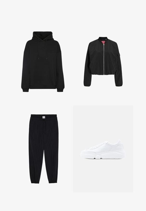 Lyhyt musta bomber-takki kevyestä kankaasta, jossa on etuvetoketju, elastiset hihansuut ja läpällinen tasku hihassa.; Mustat huppari, jossa on suuri etutasku, rintakehässä tonalisesti brodattu logo, nyörillä säädettävä huppu sekä ribbaustaskut ja helma.; Mustat löysät housut, joissa on joustava vyötärö ja säädettävä naru. Silkkinen pinta, kapenevat lahkeet ja joustavat resorit nilkoissa.; Valkoinen matala tennari, jossa paksu pohja, nauhallinen etuosa ja sileä nahkainen päällinen, kuvattuna oikealta sivulta yksinkertaisella taustalla.