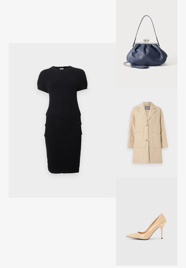 Manteau beige longueur genou avec col à revers, deux poches avant et fermeture à deux boutons, présenté sur un fond blanc uni.; Robe courte en maille noire côtelée à manches courtes, col rond et silhouette ajustée, présentée sur fond blanc.; Escarpin à talon haut en cuir verni beige avec bout pointu et talon aiguille fin, orné d'un petit accent doré à l'arrière.; Sac à main en cuir bleu marine doux avec fermeture à boucle argentée, une seule bandoulière, et une chaîne de poignet amovible sur fond blanc.