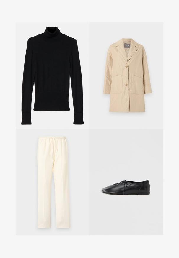 Beiger knielanger Mantel mit Reverskragen, zwei vorderen Taschen und Zweiknopfverschluss, dargestellt auf weißem Hintergrund.; AERON TENDER LONG SLEEVED - Strickpullover - black; Cremefarbene, gerade geschnittene Hose mit elastischem Bund und Kordelverschluss, vor einfarbigem Hintergrund präsentiert.; Schwarzer flacher Lederschuh mit spitzer Zehenpartie, vorne mit Schnürung und weicher Textur. Flaches Profil, minimale Metallelemente.