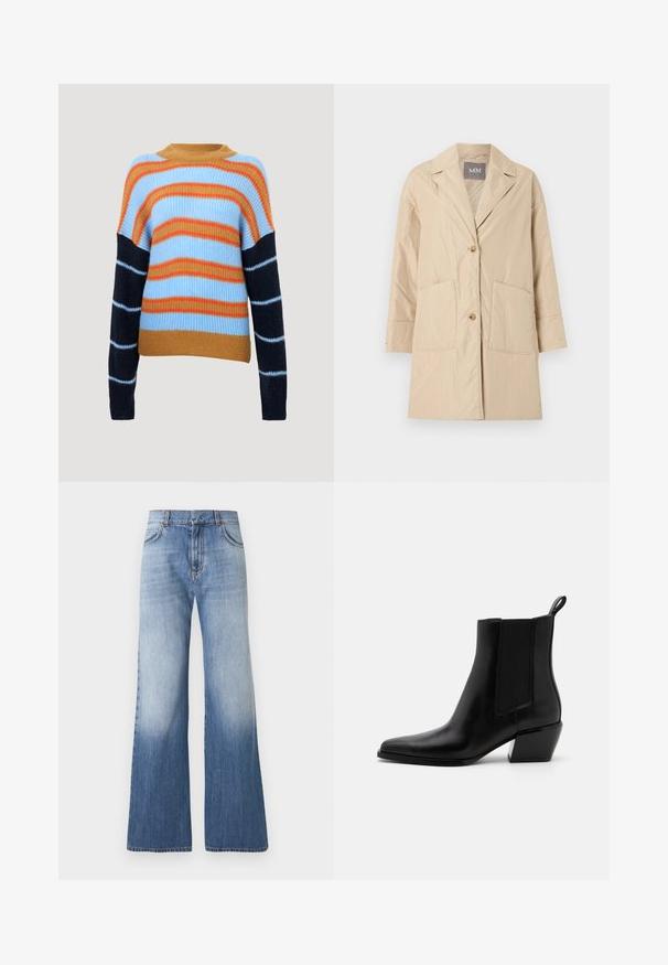 Manteau beige longueur genou avec col à revers, deux poches avant et fermeture à deux boutons, présenté sur un fond blanc uni.; Pull en tricot avec une texture côtelée, présentant des rayures horizontales en bleu clair, orange et marine. Encolure ronde et manches longues.; Jean bleu clair taille haute à jambes larges, avec poches avant, passants pour ceinture, et décoloration du milieu de la cuisse jusqu'à l'ourlet sur un fond uni.; Bottines en cuir noir avec un bout pointu, des panneaux élastiques sur les côtés et un petit talon carré. Elles disposent d'une languette au talon pour un enfilage facile.
