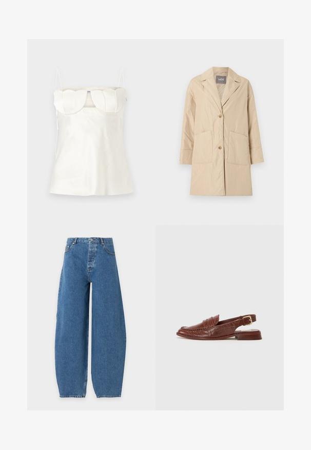 Beige knælængde frakke med reverskrave, to forlommer og to-knapslukning, vist på en ens hvid baggrund.; Hvid satin camisole med justerbare stropper, en struktureret, scalloped buste og en lige kant. Glat tekstur og minimalistisk design.; Blå højtaljede vidde cowboybukser med knap- og lynlåslukning foran, forlommer og bæltestropper på en ensfarvet baggrund.; Dolce Vita HARDI - Loafers - brown