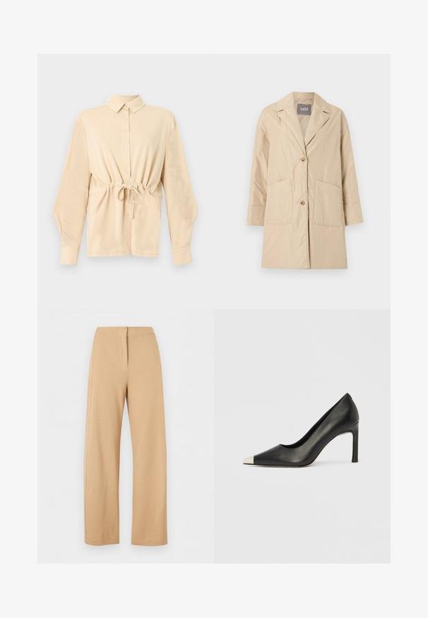 Manteau beige longueur genou avec col à revers, deux poches avant et fermeture à deux boutons, présenté sur un fond blanc uni.; Chemise beige à manches longues avec col, boutons sur le devant et cordon de serrage à la taille, présentée sur un fond gris clair uni.; Pantalon beige taille haute à jambes larges avec un détail simple de couture frontale et une fermeture dissimulée, présenté sur fond blanc.; Chaussure à talon haut en cuir noir avec bout pointu et capuchon argenté métallique. Présente une finition lisse et un talon fin de 10 cm.