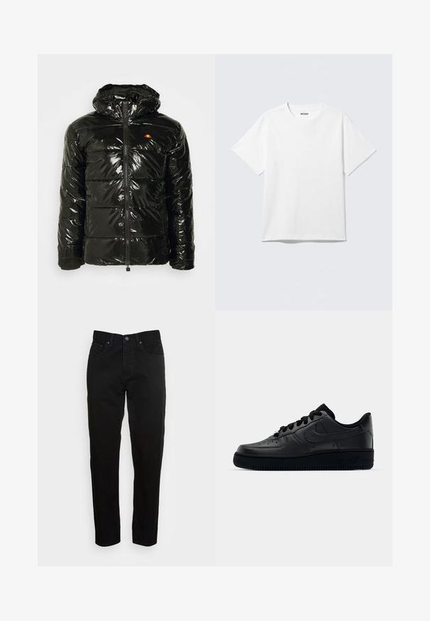 Ellesse TREVANI - Winterjacke - black; Weißes T-Shirt mit kurzen Ärmeln und Rundhalsausschnitt, flach liegend, schlichtes Design, mit „WEEKDAY“-Etikett innen im Kragen auf hellem Hintergrund.; Schwarze Slim-Fit-Jeans mit vorderem Knopfverschluss und fünf Taschen-Design, vor einem schlichten hellgrauen Hintergrund präsentiert.; Schwarzer Nike Air Force 1 Schuh mit einem glatten Lederoberteil, perforierter Zehenpartie für Atmungsaktivität, schwarzen Schnürsenkeln und einer strukturierten Gummisohle.