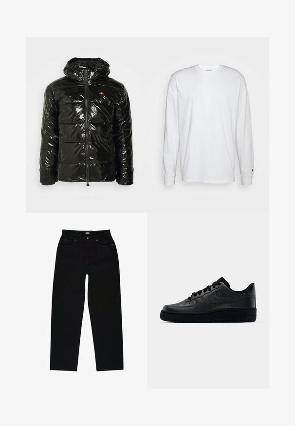 Ellesse TREVANI - Vinterjakker - black; Hvid langærmet T-shirt lavet af bomuld. Rund halsudskæring med ribbede manchetter og et lille logo på venstre ærme. Glat tekstur.; Sorte denim jeans med lige pasform, der har fem lommer, brun syning og lynlåslukning. Glat tekstur og holdbart materiale.; Sort Nike Air Force 1 sneaker med en glat læderoverdel, perforeret tå for åndbarhed, sorte snørebånd og en textured gummisål.
