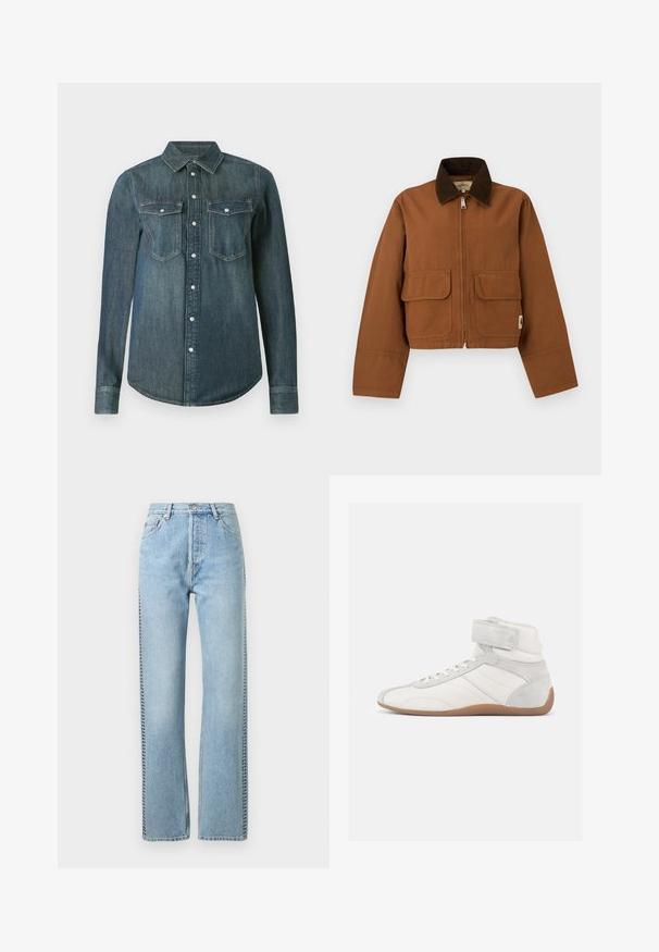 Ruskea lyhyt takki, jossa tummanruskea vekkiherrainurkka, edessä vetoketju ja kaksi läppätaskua vaalealla pohjalla.; Tummansininen pitkähihaisen denim-paita, jossa napit edessä sekä kaksi rintataskua läppineen ja napein.; Vaaleansiniset farkut korkealla vyötäröllä, suoran lahkeen muotoilu ja näkyvät tikkausompeleet sivuilla. Klassinen viisi-taskumalli.; Valkoisesta nahasta ja mokkasta valmistetut korkeavartiset tennarit, joissa on beige kumipohja. Varustettu nauhoituksella edessä ja tarrakiinnityksellä varmistamaan tukeva istuvuus.