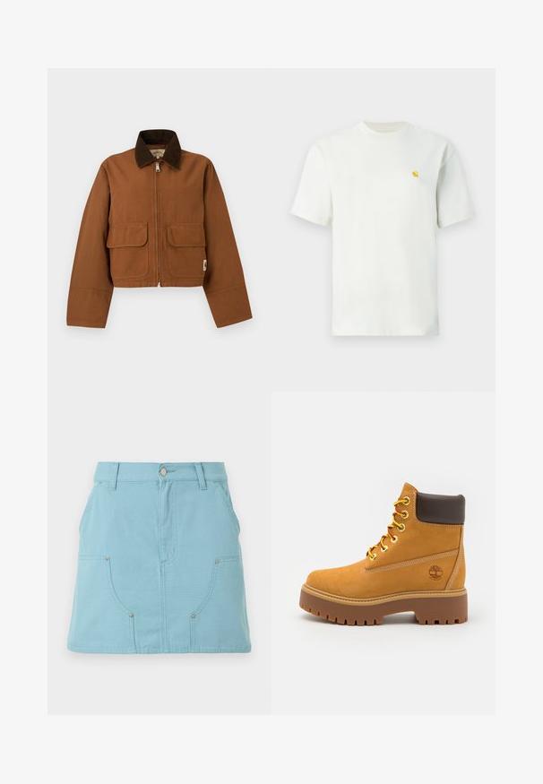 Bruine cropped jas met donkerbruine ribfluwelen kraag, ritssluiting aan de voorkant en twee klepzakken op een lichte achtergrond.; Wit T-shirt met korte mouwen en ronde hals, met een klein geel logo op de linkerborst, getoond tegen een effen achtergrond.; Lichtblauwe A-lijn rok met voorzakken, ceintuurlussen en een knoopsluiting in de tailleband, weergegeven op een witte achtergrond.; Tan waterdichte enkelboot met een stevige rubberen zool, ronde neus, bruine leren kraag, gele veters en een logo aan de zijkant.