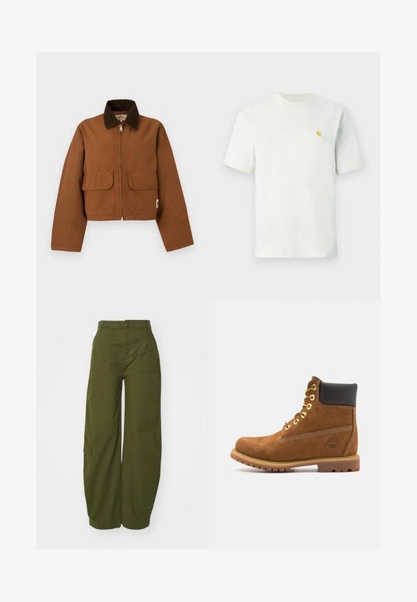 Veste courte marron avec col en velours côtelé brun foncé, fermeture éclair à l'avant et deux poches à rabat sur un fond clair.; T-shirt blanc à manches courtes et col rond avec un petit logo jaune sur le côté gauche de la poitrine, présenté sur un fond uni.; Pantalons cargo vert olive en coton, avec une coupe large, des poches avant et une fermeture à bouton à la taille.; Bottine en suede marron avec col rembourré noir, œillets en or, devant à lacets et semelle en caoutchouc avec un motif texturé.