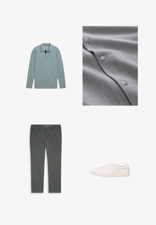 Zachte grijze stof met drie zilveren drukknopen die verticaal langs een naad zijn gerangschikt, met textuur en plooien.; Lange mouwen polo shirt in lichtblauw met een contrasterende marinekleurige kraag. Katoenen materiaal, met een klein logo op de linkerborst. Klassieke pasvorm.; Donkergrijze broek met rechte pijpen, riemlussen, zijzakken, knoop- en ritssluiting, maat large L37 van Tom Tailor.; Witte low-top sneaker met veterluiting en platte zool, weergegeven in zijprofiel op een witte achtergrond.