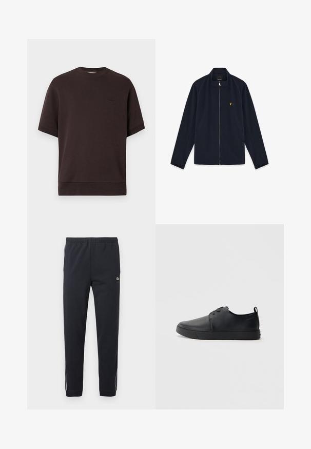 Veste zippée bleu marine avec col montant, manches longues, poches latérales et petit logo brodé jaune sur la poitrine.; Sweatshirt à manches courtes de couleur marron foncé avec un col rond, en matière douce. Présente un logo brodé subtil sur la poitrine.; Pantalon de sport noir avec taille élastique, jambes fuselées, bandes latérales blanches et petit logo crocodile vert sur la cuisse droite.; Baskets en cuir noir avec une finition lisse, bout arrondi, coutures ton sur ton, devant à lacets et semelle plate en caoutchouc. Anse au talon.