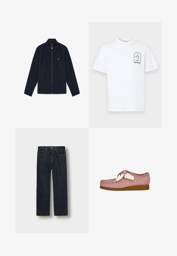 Marineblauwe jas met ritssluiting, opstaande kraag, lange mouwen, zijzakken en een klein geel geborduurd logo op de borst.; Witte katoenen t-shirt met korte mouwen, ronde halslijn en een groene grafische print met een tennisser en tekst op de linkerborst.; Donkerblauwe straight-leg jeans van denimstof, met riemlussen, voorkanten en contrasterende stiksels. Minimalistisch ontwerp zonder versieringen.; Lichtroze suède schoen met een ronde neus, vetersluiting en een crèmekleurig accentlabel. Voorzien van een tan rubberen zool voor extra grip.