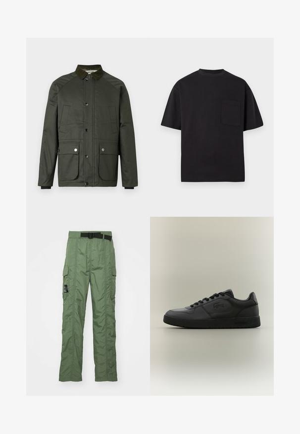 Veste vert foncé avec un col en velours côtelé, boutons-pression, deux poches avant et une texture lisse. Dotée de manches raglan et d'une coupe droite.; T-shirt noir à manches courtes en coton. Doté d'un col rond et d'une poche poitrine unique. Design simple et épuré sans motifs.; Pantalons cargo en vert olive, fabriqués en tissu léger. Présentent une ceinture noire, des poches cargo sur les côtés et des détails de couture.; Sneaker en cuir noir avec une texture lisse, bout arrondi, lacets plats et un logo subtil sur le côté. Design minimaliste avec une semelle robuste.