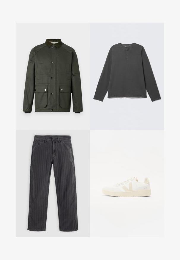 Mørkegrøn jakke med en corduroy-krave, trykknapper, to forlommer og en glat tekstur. Har raglanærmer og en lige skæring.; Mørkegrå langærmet henley-shirt med rund halsudskæring og tre knapper på frontpladen.; Sortstribede bukser lavet af bomuldsblandingsstof. Har et lige ben-design, sidelommer og en knaplukning.; Hvide sneakers med beige accenter, der har en tekstureret overdel, rund tå og en tykk gummisål. Designet inkluderer det ikoniske V-logo og branding.